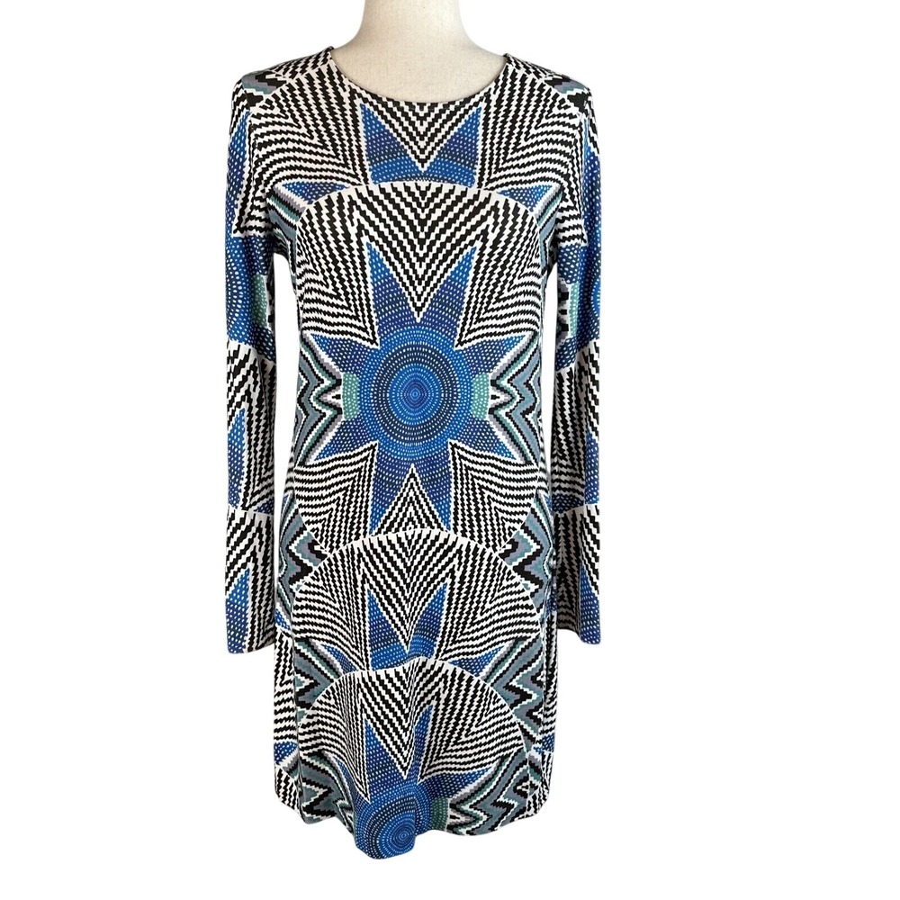 Mara Hoffman Long Sleeve Geometric Ponte Shift Dress Size S Black White Blue